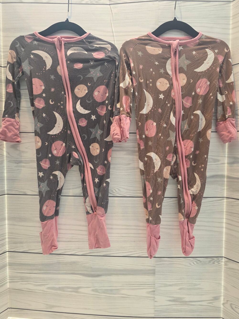 Little Sleepies Zippy Sleeper Baby 3-6 Months Pink Celestial Moon Stars Lot of 2